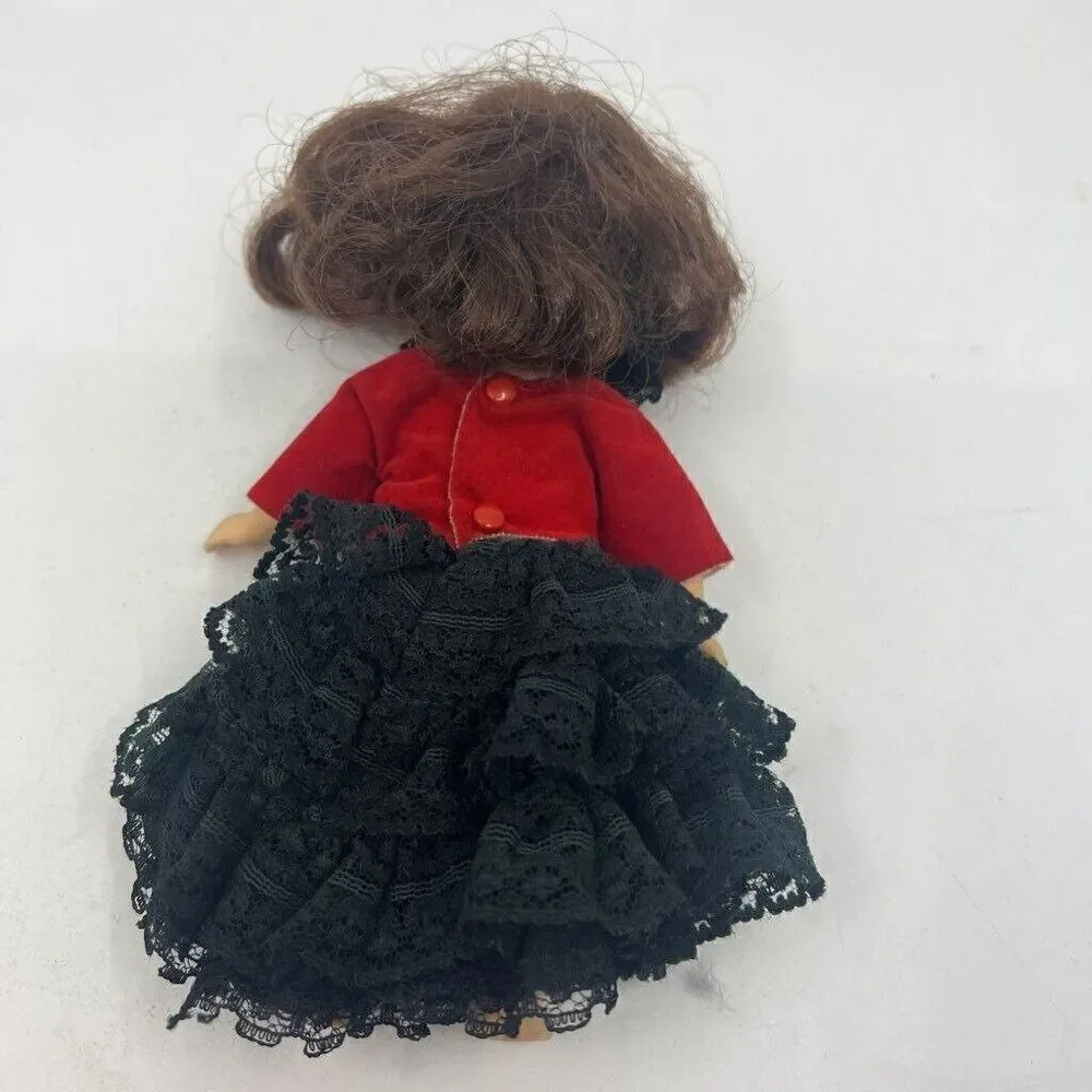 Vintage Spanish Dancer Girl Doll Light Brown Hair Red Black Lace‎ Ruffle Dress